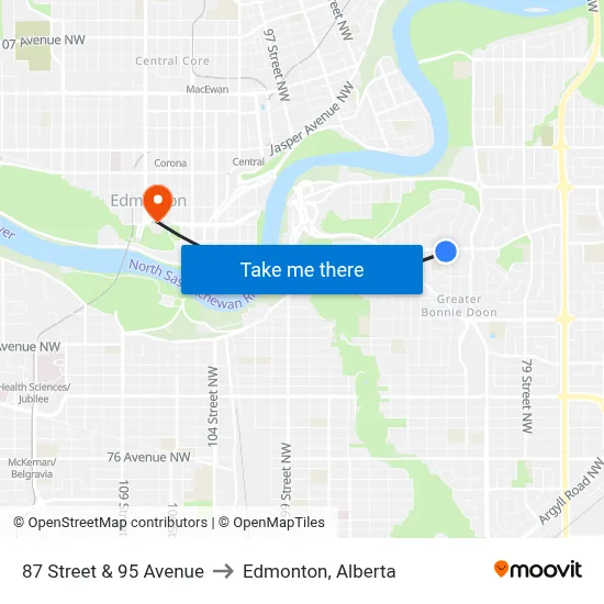 87 Street & 95 Avenue to Edmonton, Alberta map