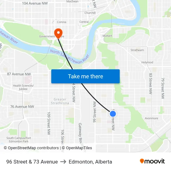 96 Street & 73 Avenue to Edmonton, Alberta map