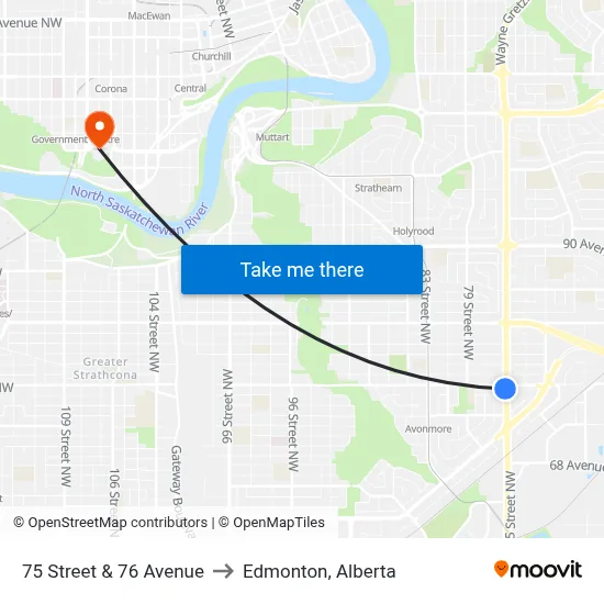 75 Street & 76 Avenue to Edmonton, Alberta map