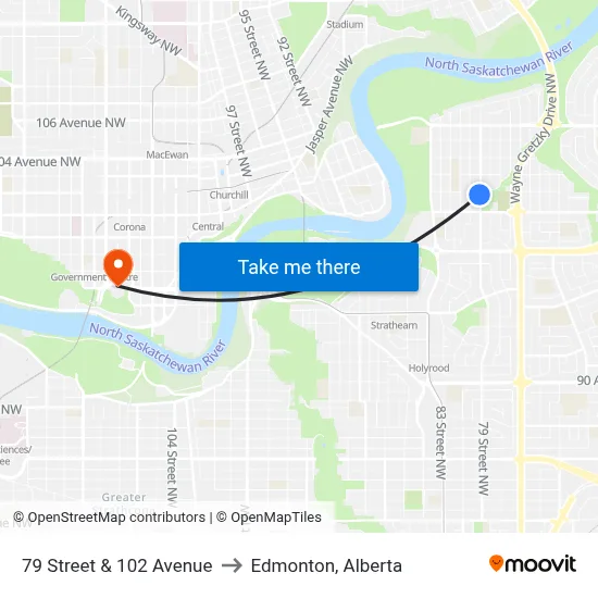 79 Street & 102 Avenue to Edmonton, Alberta map