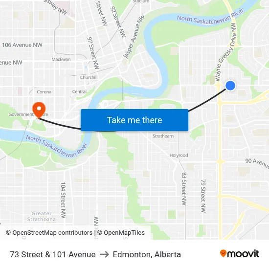 73 Street & 101 Avenue to Edmonton, Alberta map