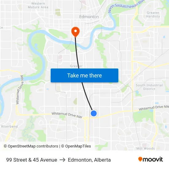 99 Street & 45 Avenue to Edmonton, Alberta map