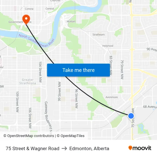 75 Street & Wagner Road to Edmonton, Alberta map