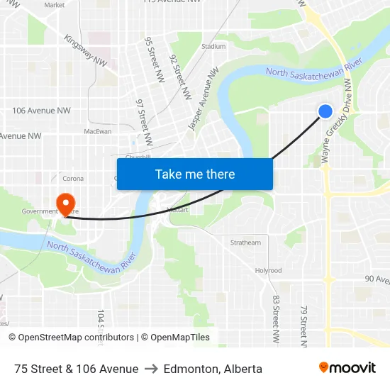 75 Street & 106 Avenue to Edmonton, Alberta map