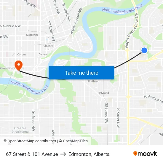 67 Street & 101 Avenue to Edmonton, Alberta map