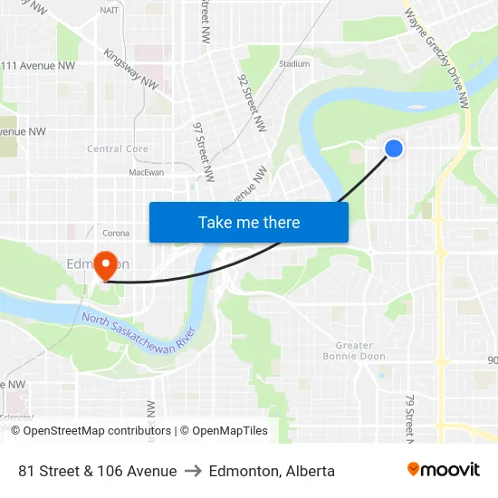 81 Street & 106 Avenue to Edmonton, Alberta map