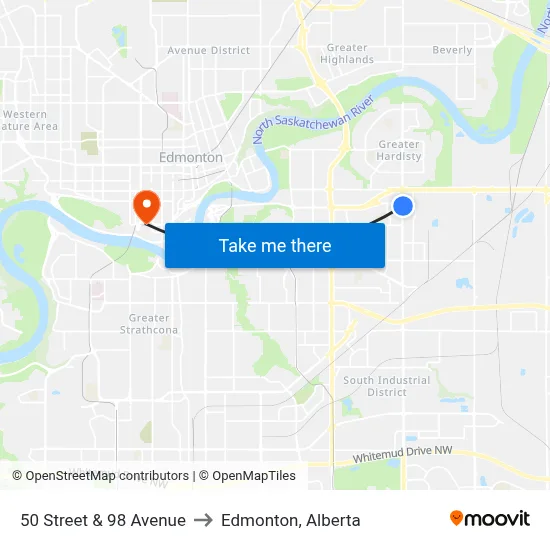 50 Street & 98 Avenue to Edmonton, Alberta map