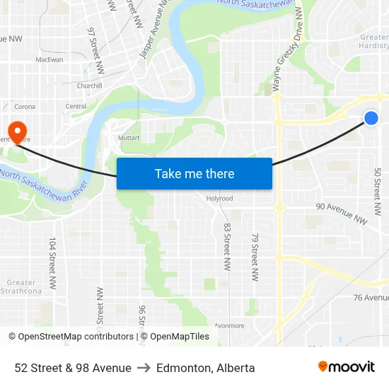 52 Street & 98 Avenue to Edmonton, Alberta map