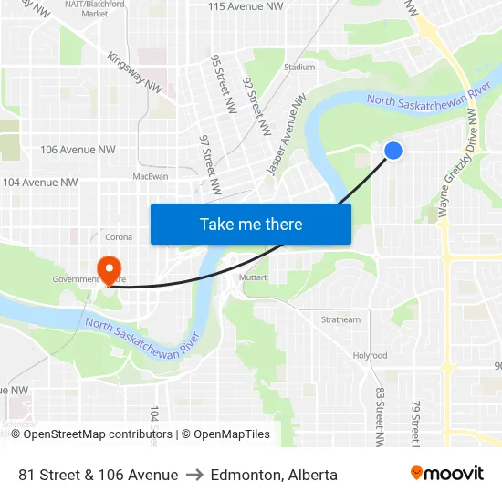 81 Street & 106 Avenue to Edmonton, Alberta map