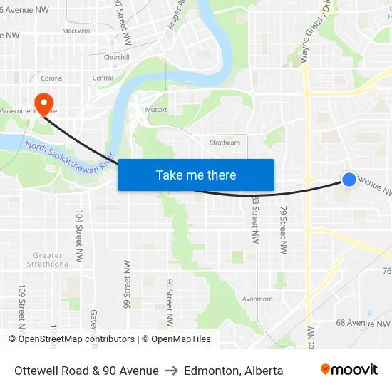 Ottewell Road & 90 Avenue to Edmonton, Alberta map