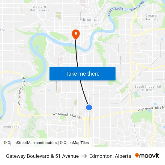 Gateway Boulevard & 51 Avenue to Edmonton, Alberta map