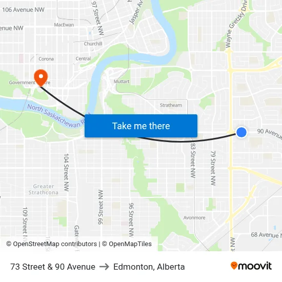 73 Street & 90 Avenue to Edmonton, Alberta map