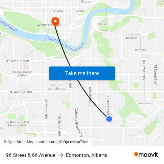 96 Street & 66 Avenue to Edmonton, Alberta map
