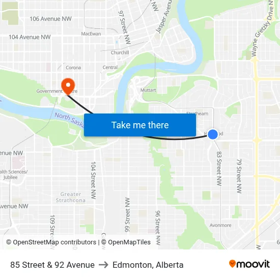 85 Street & 92 Avenue to Edmonton, Alberta map