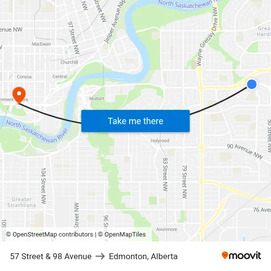 57 Street & 98 Avenue to Edmonton, Alberta map
