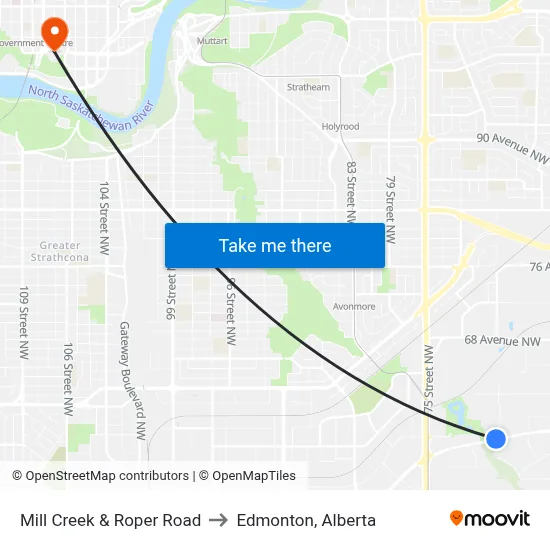 Mill Creek & Roper Road to Edmonton, Alberta map