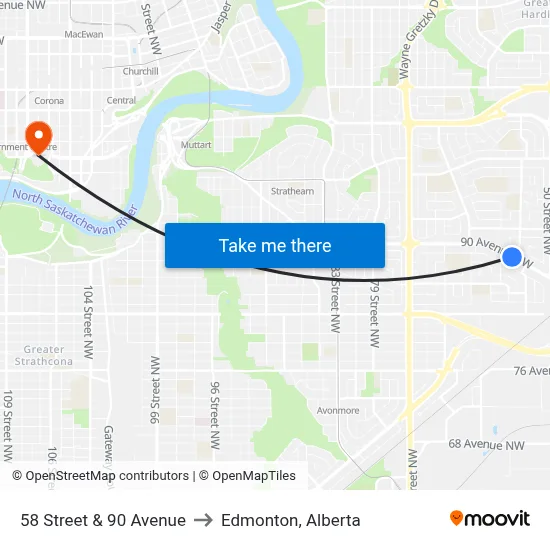 58 Street & 90 Avenue to Edmonton, Alberta map