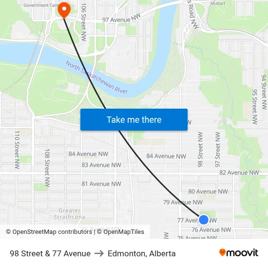 98 Street & 77 Avenue to Edmonton, Alberta map