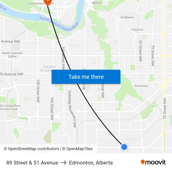 89 Street & 51 Avenue to Edmonton, Alberta map