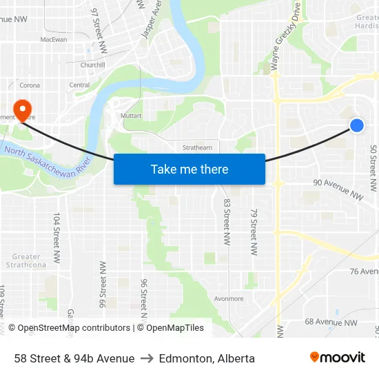 58 Street & 94b Avenue to Edmonton, Alberta map