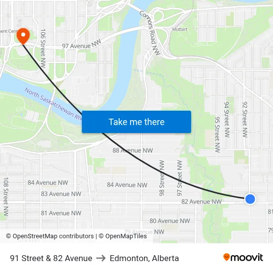 91 Street & 82 Avenue to Edmonton, Alberta map