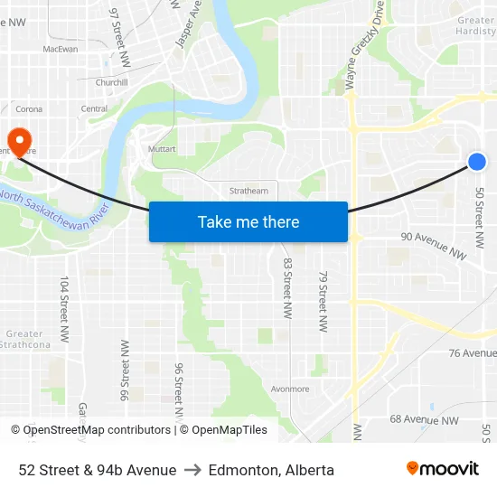 52 Street & 94b Avenue to Edmonton, Alberta map