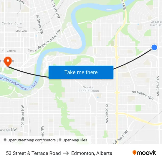 53 Street & Terrace Road to Edmonton, Alberta map