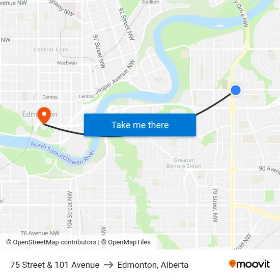 75 Street & 101 Avenue to Edmonton, Alberta map
