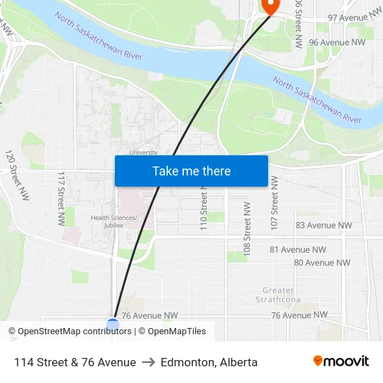114 Street & 76 Avenue to Edmonton, Alberta map