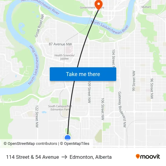 114 Street & 54 Avenue to Edmonton, Alberta map
