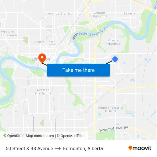 50 Street & 98 Avenue to Edmonton, Alberta map
