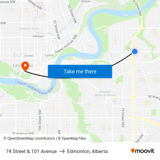 74 Street & 101 Avenue to Edmonton, Alberta map