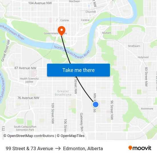 99 Street & 73 Avenue to Edmonton, Alberta map