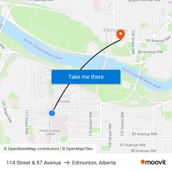 114 Street & 87 Avenue to Edmonton, Alberta map