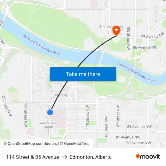 114 Street & 85 Avenue to Edmonton, Alberta map