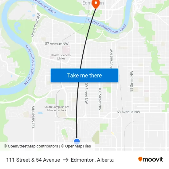 111 Street & 54 Avenue to Edmonton, Alberta map