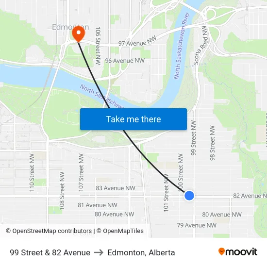 99 Street & 82 Avenue to Edmonton, Alberta map