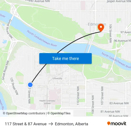 117 Street & 87 Avenue to Edmonton, Alberta map