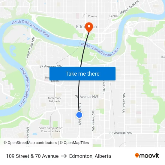 109 Street & 70 Avenue to Edmonton, Alberta map