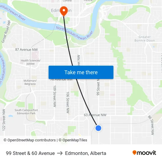 99 Street & 60 Avenue to Edmonton, Alberta map