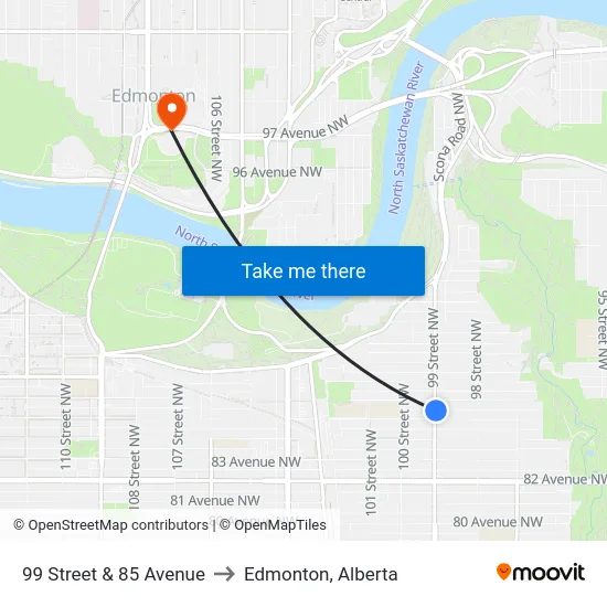99 Street & 85 Avenue to Edmonton, Alberta map