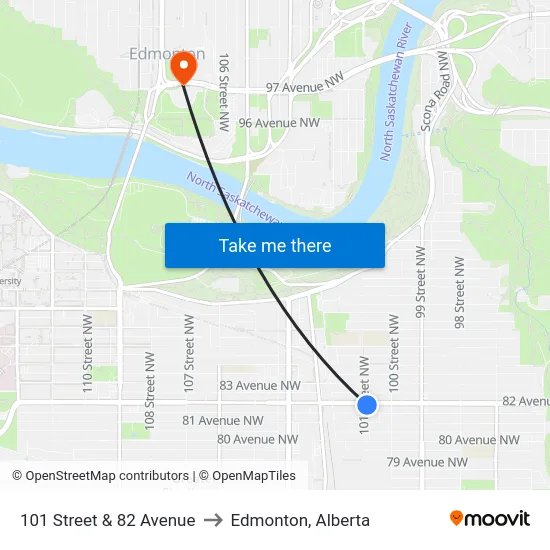 101 Street & 82 Avenue to Edmonton, Alberta map