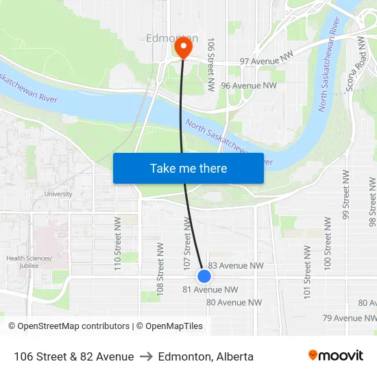 106 Street & 82 Avenue to Edmonton, Alberta map