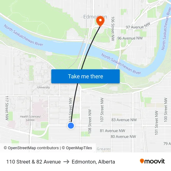 110 Street & 82 Avenue to Edmonton, Alberta map