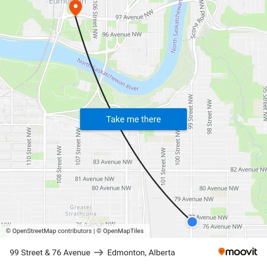 99 Street & 76 Avenue to Edmonton, Alberta map