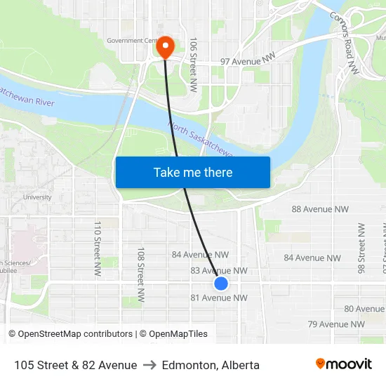 105 Street & 82 Avenue to Edmonton, Alberta map