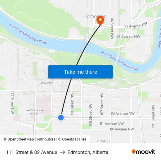 111 Street & 82 Avenue to Edmonton, Alberta map