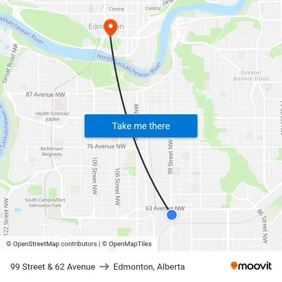 99 Street & 62 Avenue to Edmonton, Alberta map
