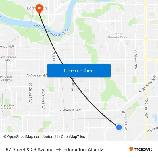 87 Street & 58 Avenue to Edmonton, Alberta map