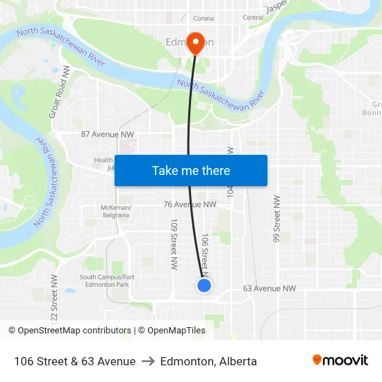 106 Street & 63 Avenue to Edmonton, Alberta map